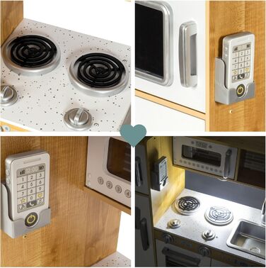 Дерев'яна дитяча кухня Mamabrum з LED-підсвічуванням та аксесуарами - 15 частин. Комплект: плита, духовка, мікрохвильова піч, холодильник, кран та іграшкова кухонна утвар для дітей