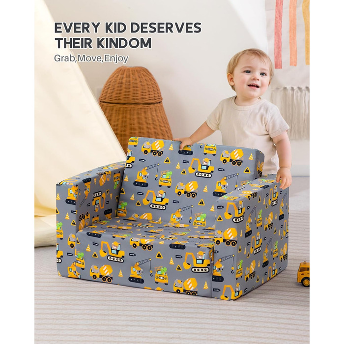 Дитяче диван-ліжко BEJOY 2 в 1: диванчик та крісло, Sherpa, сірий з машинками для дитячої кімнати, подарунок