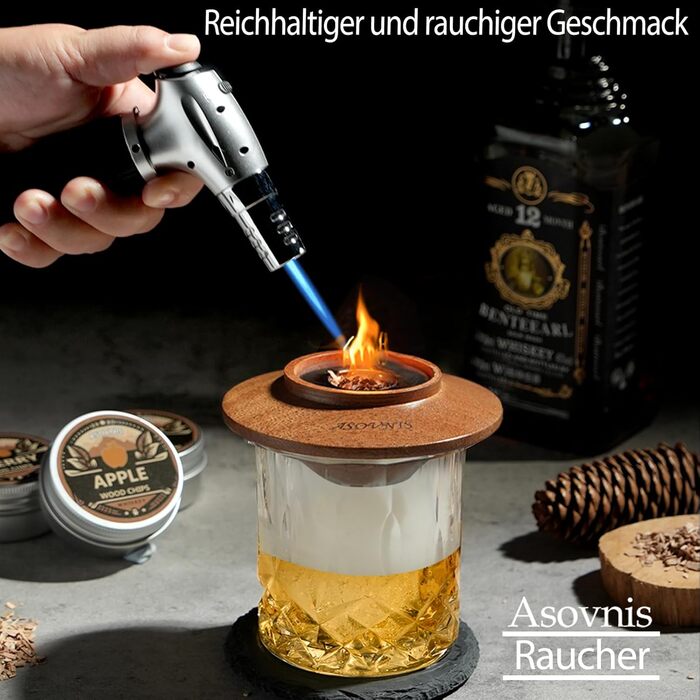 Набір для копчення віскі з факелом, 6 смаків, тріски, 2 склянки, 6 контейнерів для віскі, набір для коктейлів, набір для копчення напоїв, подарунок на день народження для Бурбон-віскі для чоловіків (без бутану)