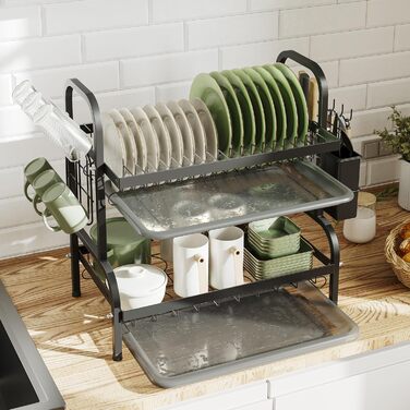 Сушарка для посуду NETEL 2-ярусна, чорна: з піддоном, тримачем для столових приборів та чашок