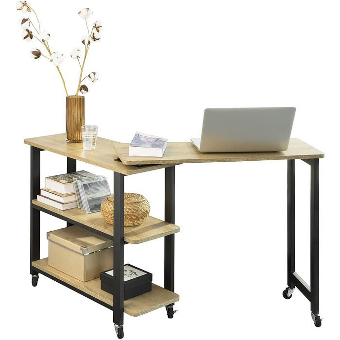 Подібний приставний столик з 2 полицями Диванний стіл з коліщатками Журнальний столик Кутовий стіл Комп'ютерний стіл Робочий стіл Промисловий дизайн BHT приблизно 133x69x30см Натуральний, 83-N L-