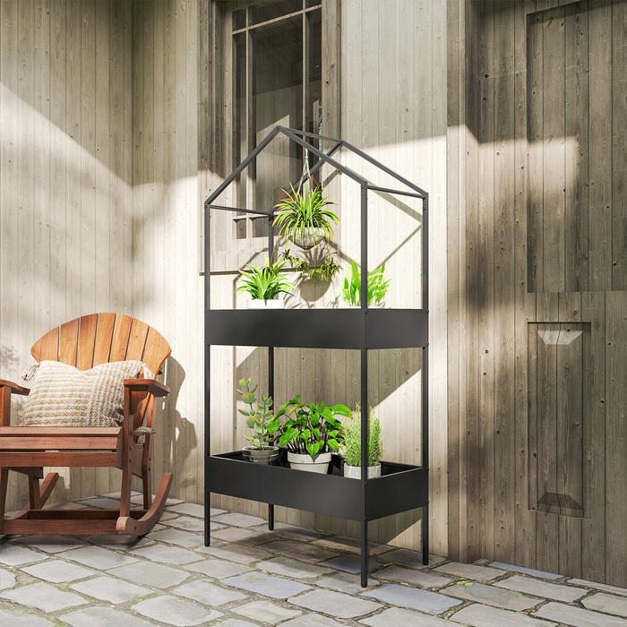 Підставка для квітів у формі будинку з 2 ярусами, 150 см заввишки, з гачками, металева, чорного кольору