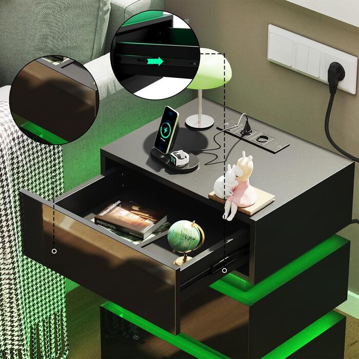 Нічний столик з розеткою та LED, нічний комод з функцією зарядки та USB, 2 шт. (45x35x46/62 см, чорний)