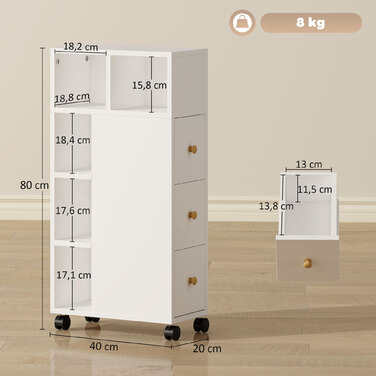 Тумбочка для ванної кімнати, вузька, з 4 роликами, 3 висувними ящиками та 5 відкритими полицями, розміром 20x40x80 см, біла