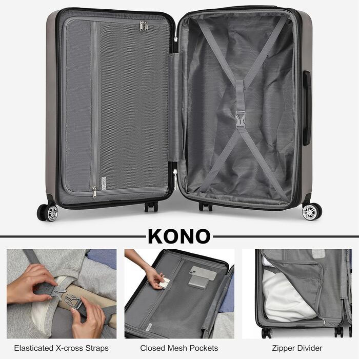 Валіза-тележка KONO, ручна поклажа, сіра (55x35x22 см) з TSA-замком та подвійними колесами