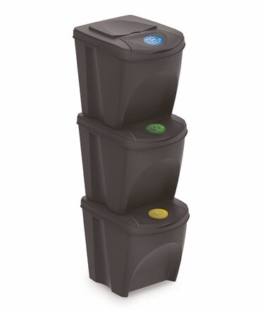 Сортувальний ящик для сміття з кришкою об'ємом 35 л-набір / штабельована система поділу сміття-Сортувальник відходів Сепаратор Sytem розділові кошики штабельовані з відкидною кришкою (антрацит, набір з 3 шт. -25 л)