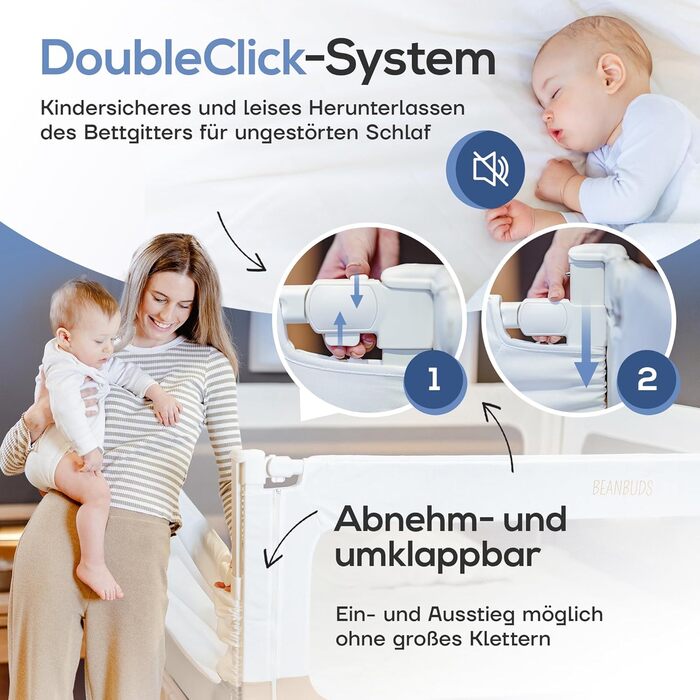 Захисний бортик для ліжка BEANBUDS® 200 см, бежевий - захист від випадання для дитячого та батьківського ліжка, з ременями для кріплення (1 сторона)