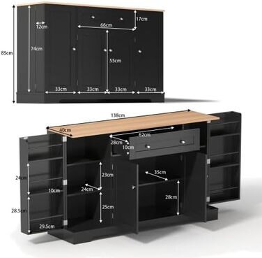 Багатофункціональний буфет для кухні – комод 138 см з ящиком, полицями з дверцятами та регульованими полицями – з кріпленням від перекидання, для кухні, вітальні та спальні, чорний