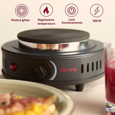Електрична плитка Girmi PE26 з чавунною поверхнею, 1500 Вт, 5 температурних режимів, діаметр 18,5 см, чорна