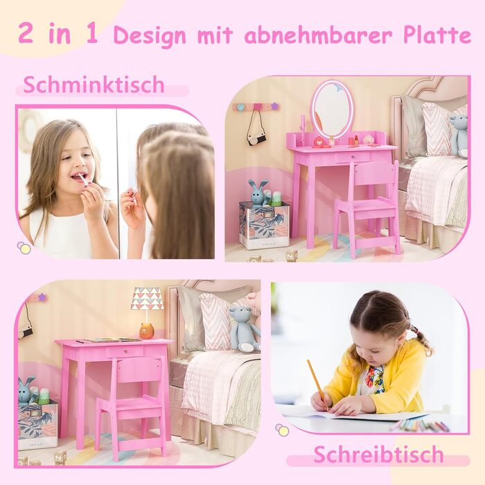 Дитячий туалетний столик DREAMADE з LED-дзеркалом та ніжками з бука, принцесовий туалетний столик з шухлядою та стійкою для прикрас, дитячий туалетний столик з пуфом для дівчаток (Рожевий)