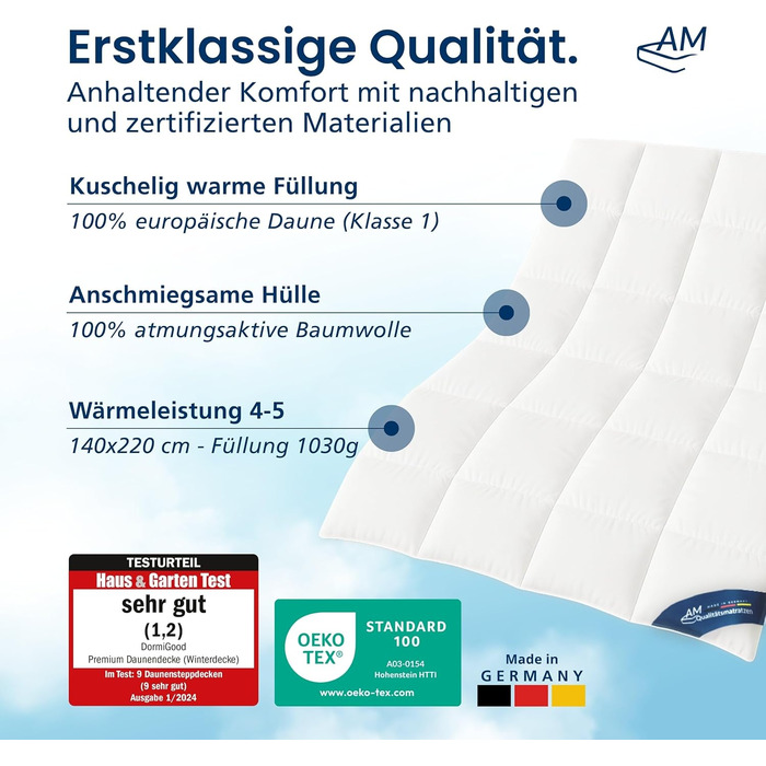 Пухова ковдра DormiGood Daunendecke 35x200, німецька якість, 100% пух, дихаюча, сертифікат Oeko-Tex, розмір 35x200 см
