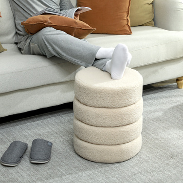 Пуф HOMCOM, круглий, з м'якою оббивкою Teddy Fleece, металевий каркас, витримує до 120 кг, діаметр 40x45 см, бежевий