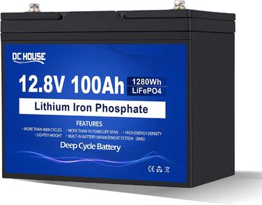 Акумуляторна батарея DCHOUSE 12V 100Ah LiFePO4, оновлена BMS 100A, до 15000 циклів, літієва батарея 1280 Втгод, ідеально підходить для автофургонів, сонячних систем, караванів, човнів, кемпінгу, автономних систем