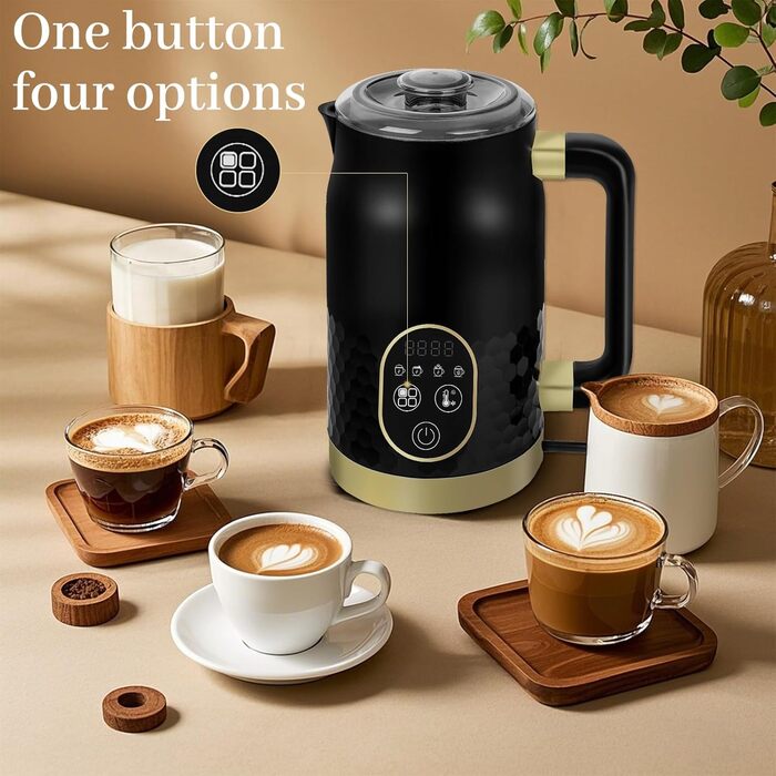 Електричний піноутворювач молока 4-в-1 з контролем температури. Підходить для капучино, лате та гарячого шоколаду. 2 насадки для різних типів пінки.