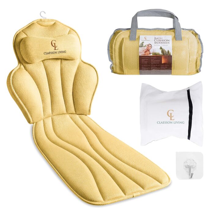 Подушка для ванни повне тіло (152x56 см) з підголівником (11 см) - підтримка шиї, спини та ніг - бежева. З сумкою для прання та подорожей, гачком для сушіння.