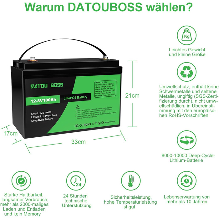 Акумулятор DATOUBOSS 12V 100Ah LiFePO4, 100A BMS, 8000 циклів, глибокий цикл, для автофургону, сонячна батарея, човен