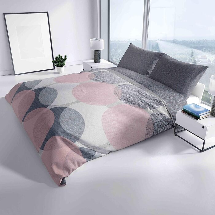 Постільна білизна від Леонадо Вісенті 4 шт. комплект для спальні з бавовни Renforce 155x220 см, рожево-сірі кола, комплект подушок, ковдра на блискавці (200 х 200 см)