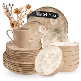Набір посуду Moritz & Moritz MARIELLA Steingut 12 осіб, 48 предметів - Сучасний сервіз у бежевому кольорі, грайливий дизайн, легкий у догляді, кавовий сервіз з тарілками, мисками та чашками - Комбінований сервіз (Набір посуду 24 шт.)