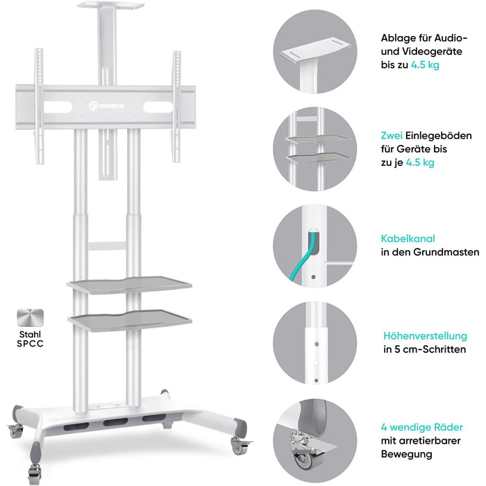 Мобільна тумба під телевізор ONKRON 50-86 дюймів, 105 кг, регульована по висоті, VESA max 800x500, біла TS1881-W