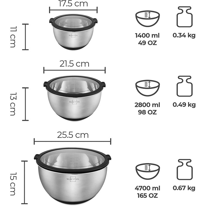 Набір мисок з нержавіючої сталі SILVERTHAL з кришками-3 шт. - миски для сервірування, приготування, випічки, зберігання