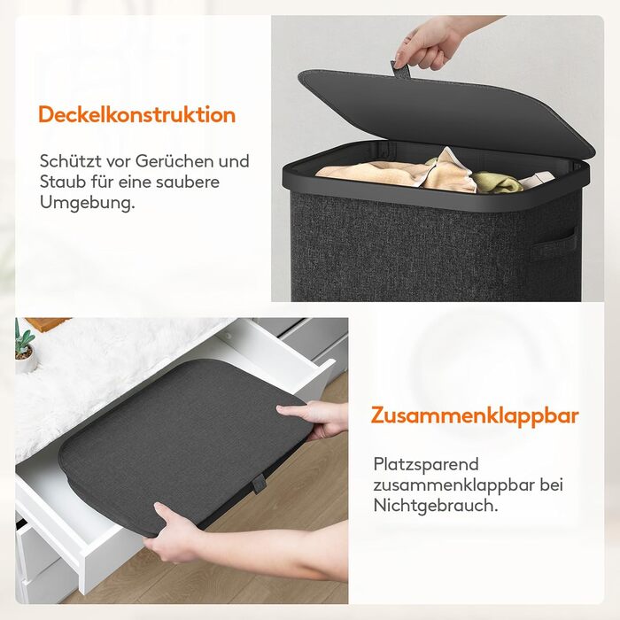 Кошик для білизни Lifewit 105L з кришкою, сірий, великий, складний, для спальні, ванної кімнати