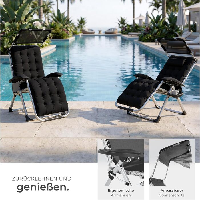 Тектейк® Розкладна сонцелюстра, шезлонг для саду з сонцезахисним дахом, вуличний крісло для балкона або саду, лежак з додатковою товстою подушкою, розслаблюючий лежак, витримує до 200 кг - (1 шт. - з сонцезахисним дахом, чорний)