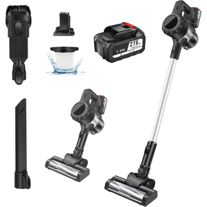 Акумуляторний пилосос 10-15Kpa з 2 режимами, 2 x 3000mAh акумулятори, 140W, LED-щітка, 2-в-1, довга насадка, ручний пилосос з 2 акумуляторами