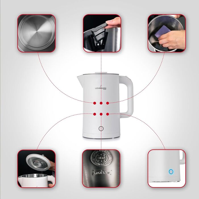 Електричний чайник Lehmann Edelstahl 1.7L, 2200W з подвійними стінками, автоматичне відключення, захист від перегріву, BPA-free, для дитячого харчування, чаю та кави (Білий)