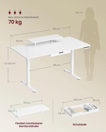VASAGLE Регульований стіл, моніторний підставка, ящик, USB-C, нагадування про сидячий спосіб життя, для офісу, 140 x 70 см, Wolkenweiß