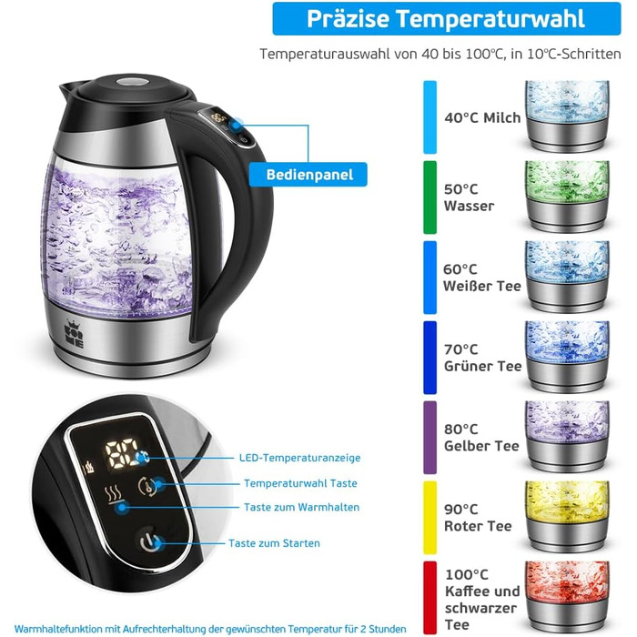 Електричний чайник FOR ME Glas 1.8L з регулюванням температури (40°C - 100°C), LED-підсвічуванням 7 кольорів, функцією підтримання тепла, BPA Free, без сита для чаю