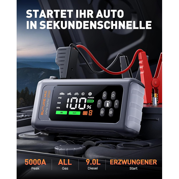 Портативний пусковий пристрій 5000A з компресором 150PSI, 12V, для автомобілів, з ліхтариком, рукавичками