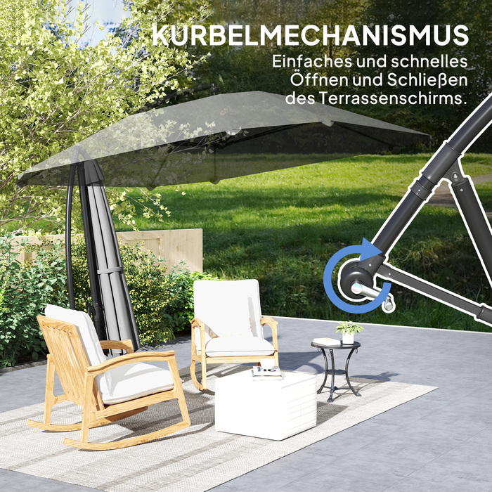 Парасолька Outsunny Centilever Alu Ø 260 см Парасолька, водонепроникна Кривошипна парасолька з підставкою, кривошипом, захистом від вітру, поворотна Ринкова парасолька похила Садова парасолька Захист від сонця для балкона Сад Патіо Темно-сірий