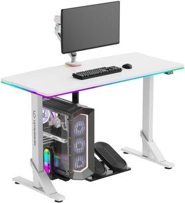 Комп'ютерний стіл ULTRADESK Iron з RGB підсвічуванням: механічний регульований стіл для геймінгу (білий)