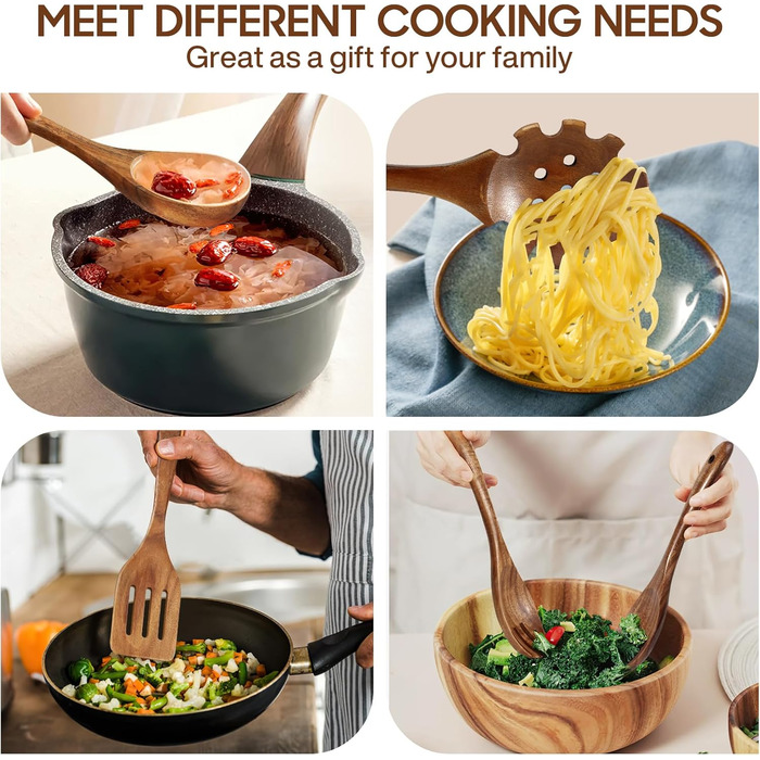 Набір кухонних аксесуарів з текового дерева (10 шт.) з підставкою, лопатка, половник, половник для супу, ложка для салату, виделки та ложки для салату, подарунок для кухаря