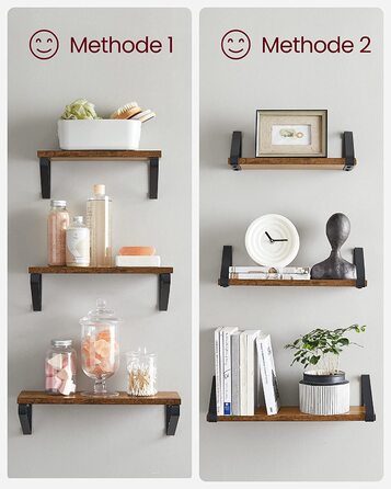 Настінна полиця VASAGLE, 6 шт. у наборі, 30/35/40 см, вінтажний коричневий + матовий чорний, для вітальні, кухні, кабінету, ванної кімнати