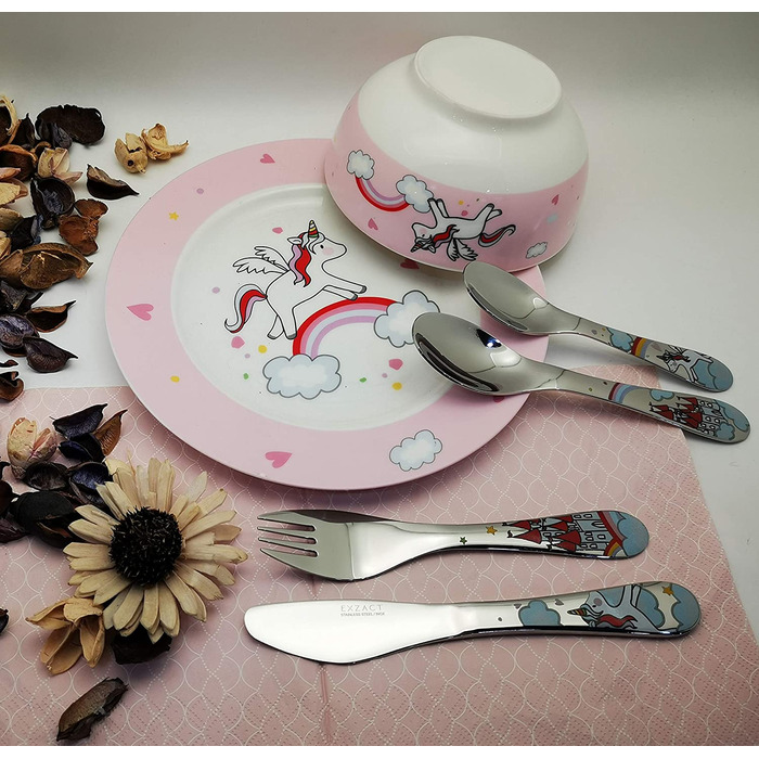 Набір столових приборів Exzact 6 шт. з нержавіючої сталі - дитячий посуд: тарілка, миска, ложка, виделка, ніж, столова ложка. Подарункова коробка (Wf712-4uni)