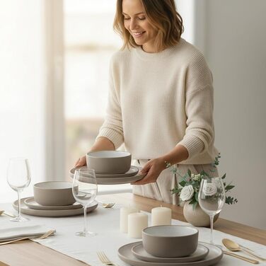 Набір посуду Hausfelder для 8 осіб (32 елементи) – сервіз з тарілок, мисок та чашок, кераміка, бежевий (Nordic Sand), стійкий до миття в посудомийній машині