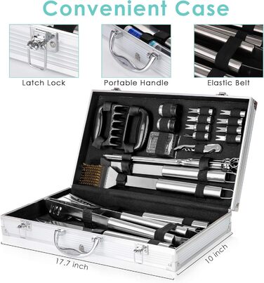Набір барбекю 32 шт. з нержавіючої сталі: щипці, виделка, лопатка, аксесуари для гриля, кейс з алюмінію. Ідеальний подарунок для чоловіків.