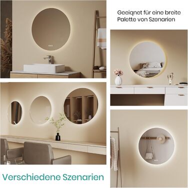 Дзеркало для ванної кімнати EMKE з підсвічуванням, 50 см, кругле, без рами, з регулюванням яскравості, 3 кольори світла, антизапар, сенсорне управління, функція пам'яті, 60x60 см