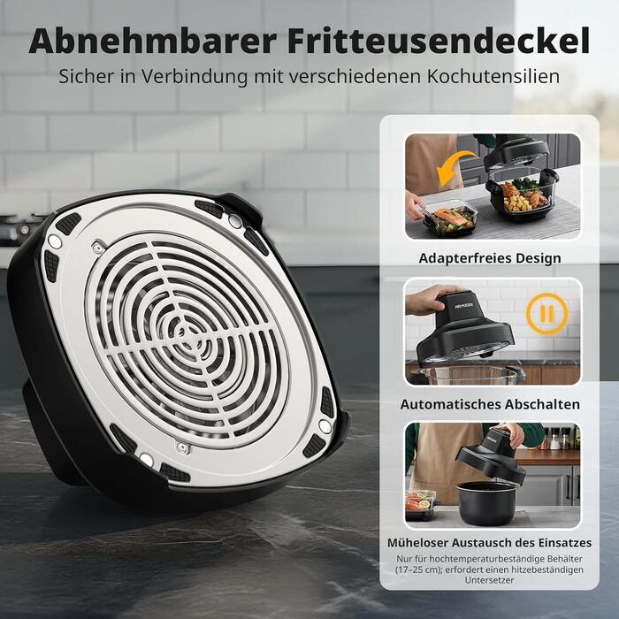 Фритюрниця повітряна AIRMSEN зі скляною чашею, 1500 Вт, 4.5L + 1.2L, 60–230 °C, 4 програми, знімна чаша, для мікрохвильовки та мийки посуду