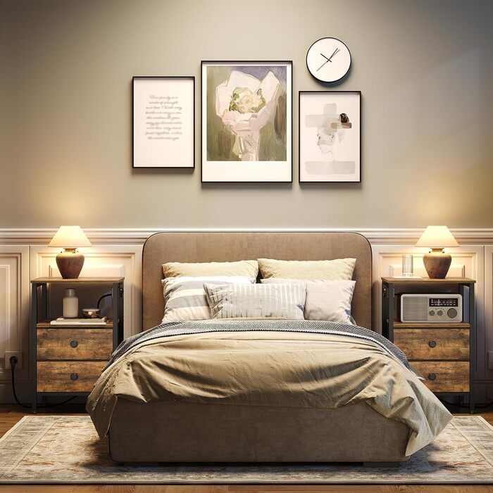 Нічний столик з підзарядкою, тумбочка з 2 шухлядами, приліжний столик з USB-портами та полицями, для вітальні, спальні, вінтажний коричневий та чорний XET02CBRY (2)