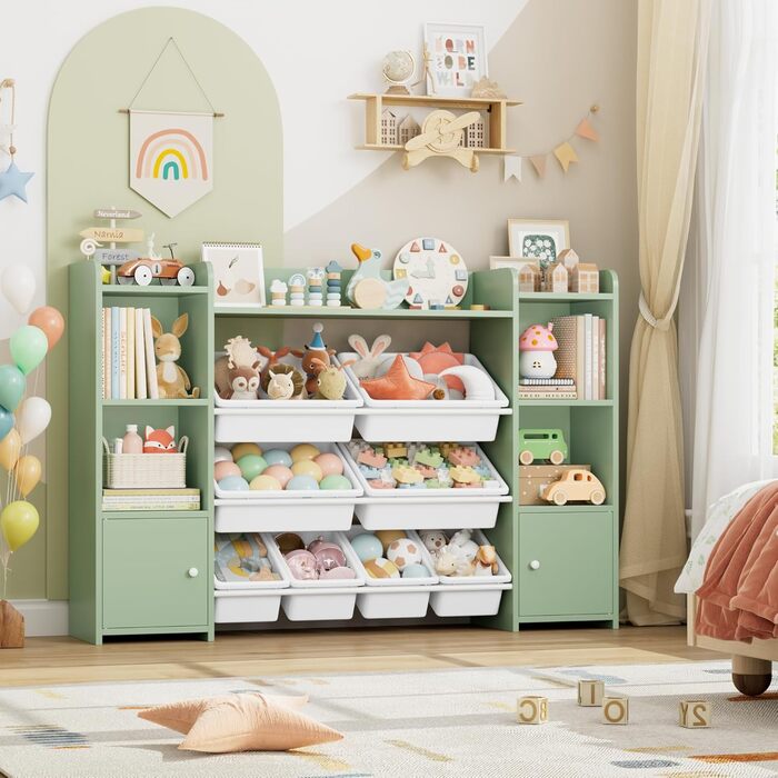 FOREHILL Регульована полиця для іграшок з 8 ящиками, дитячий шафка, книжкова полиця для дітей, меблі для дитячої кімнати з ящиком для іграшок, 138,8 x 94,3 x 29,6 см, білий (зелений)