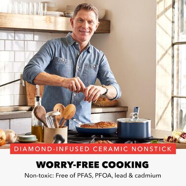 Набір сковорідок GreenPan x Bobby Flay, 20.3 см та 25.4 см, з антипригарним покриттям, без PFAS, діамантова кераміка, для індукційних плит, з силіконовою ручкою, легко миються, придатні для миття в посудомийній машині, блакитний Оксфорд