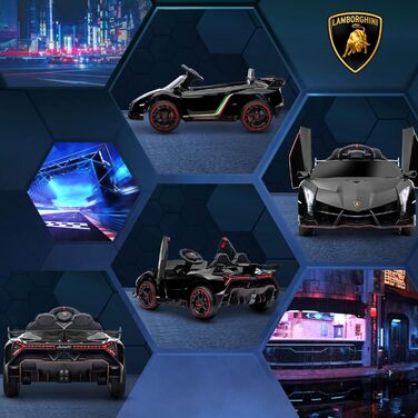 Дитячий електромобіль HOMCOM Lamborghini Veneno 12В з пультом, Bluetooth та музикою, чорний, для дітей 3-6 років