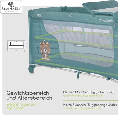 Дитяче ліжечко та манеж Lorelli 3 в 1, Moonlight 2 рівні з боковим входом, ліжечко від народження до 15 кг, складне дитяче дорожнє ліжечко зі вставкою для новонародженого, пеленальним килимком, коліщатками та сумкою, (Зелений)