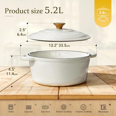 Чавунна каструля-гульяш Overmont з емалевим покриттям, 26 см, 5.2 л, перламутрово-біла, з кришкою та кулінарною книгою, підходить для духовки