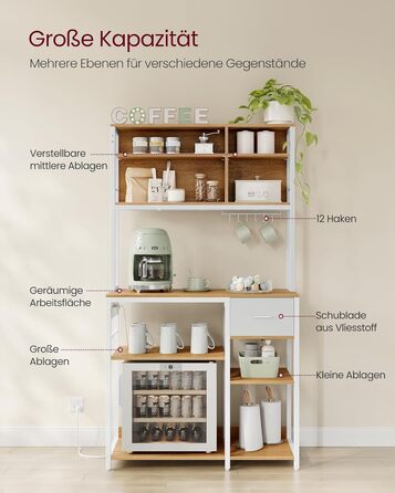 Полиця кухонна VASAGLE з розетками, підлогова, 40 x 100 x 180,4 см, полиця для випічки, регульовані полиці, тканинний ящик, 12 гачків, для кухні, антрацитово-чорний, KKS027B02