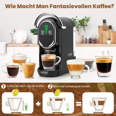 Кавомашина Magician1 Mini Kapselmaschine 5in1 для капсул Nespresso, Dolce Gusto, Lavazza A Modo Mio, ESE 44 та кавової гущі | 20 бар, 1450 Вт, LED-дисплей, 7 рівнів води | для дому та офісу (Чорний)