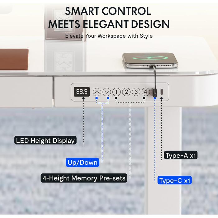 Електричний регульований стіл FLEXISPOT з підняттям, з USB та ящиком, скляна панель 120 x 60 см (сніжно-білий)