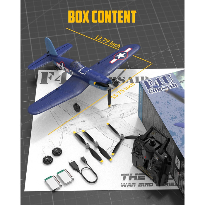 Радіокерований літак Volantexrc F4U Corsair V2 RTF 2.4GHz з USB зарядкою – для початківців, паркфлаєрів, легких польотів